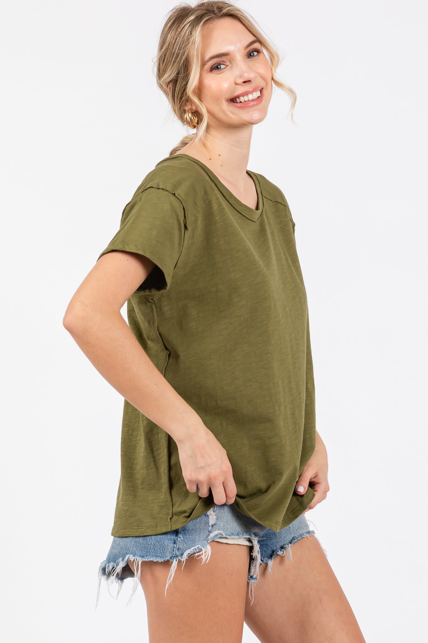 Olive Raw Hem Short Sleeve Top