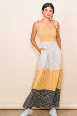 Yellow Multicolor Ditsy Floral Shoulder Tie Maternity Maxi Dress
