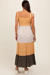 Yellow Multicolor Ditsy Floral Shoulder Tie Maternity Maxi Dress