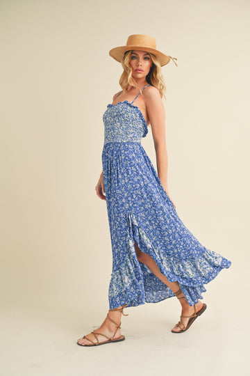 Blue Printed Ruffle Dress