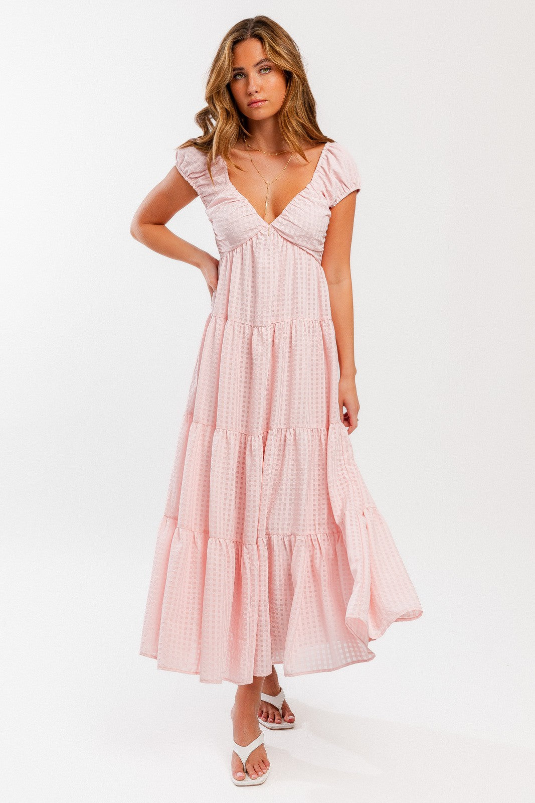 Pink Gingham Sleeveless Tiered Maternity Maxi Dress