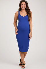 Royal Blue Sleeveless Ribbed Fitted Maternity Dress