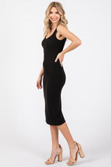 Black Sleeveless Ribbed Fitted Dress