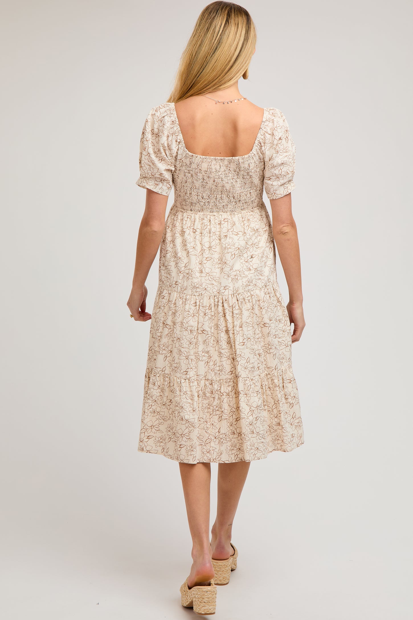 Taupe Floral Square Neck Tiered Maternity Midi Dress