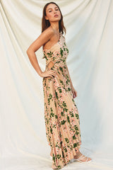 Taupe Floral One Shoulder Pleated Asymmetrical Maxi Dress