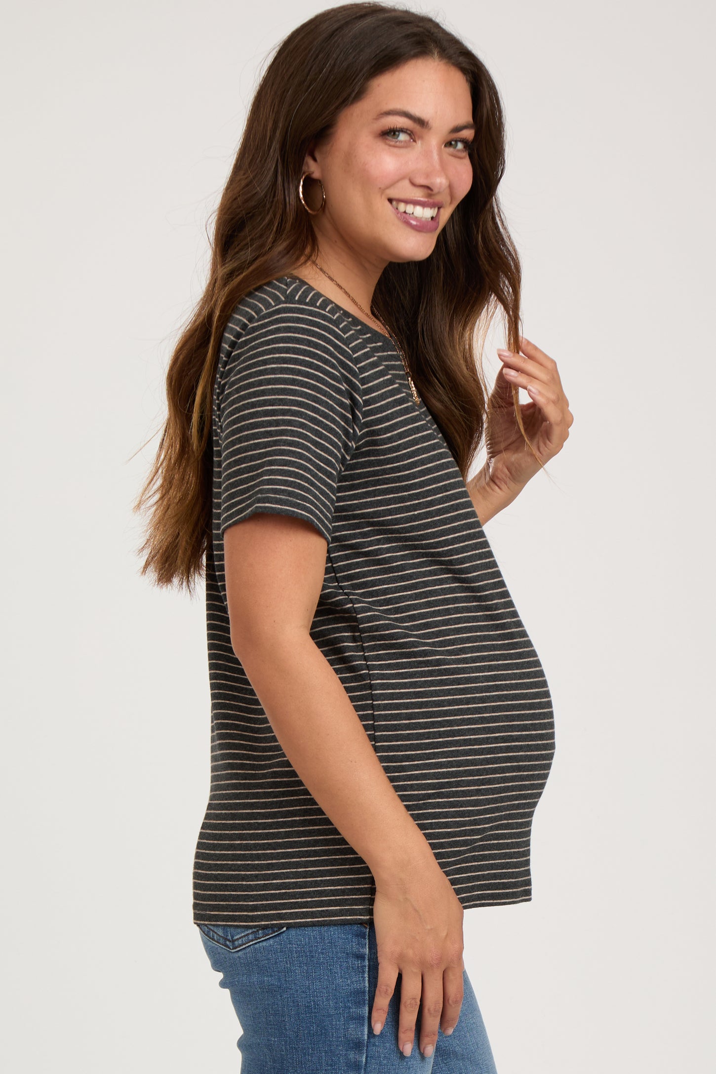 Charcoal Striped Short Sleeve Maternity Top