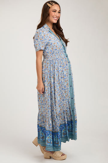 Blue Floral Button Up Maternity Midi Dress