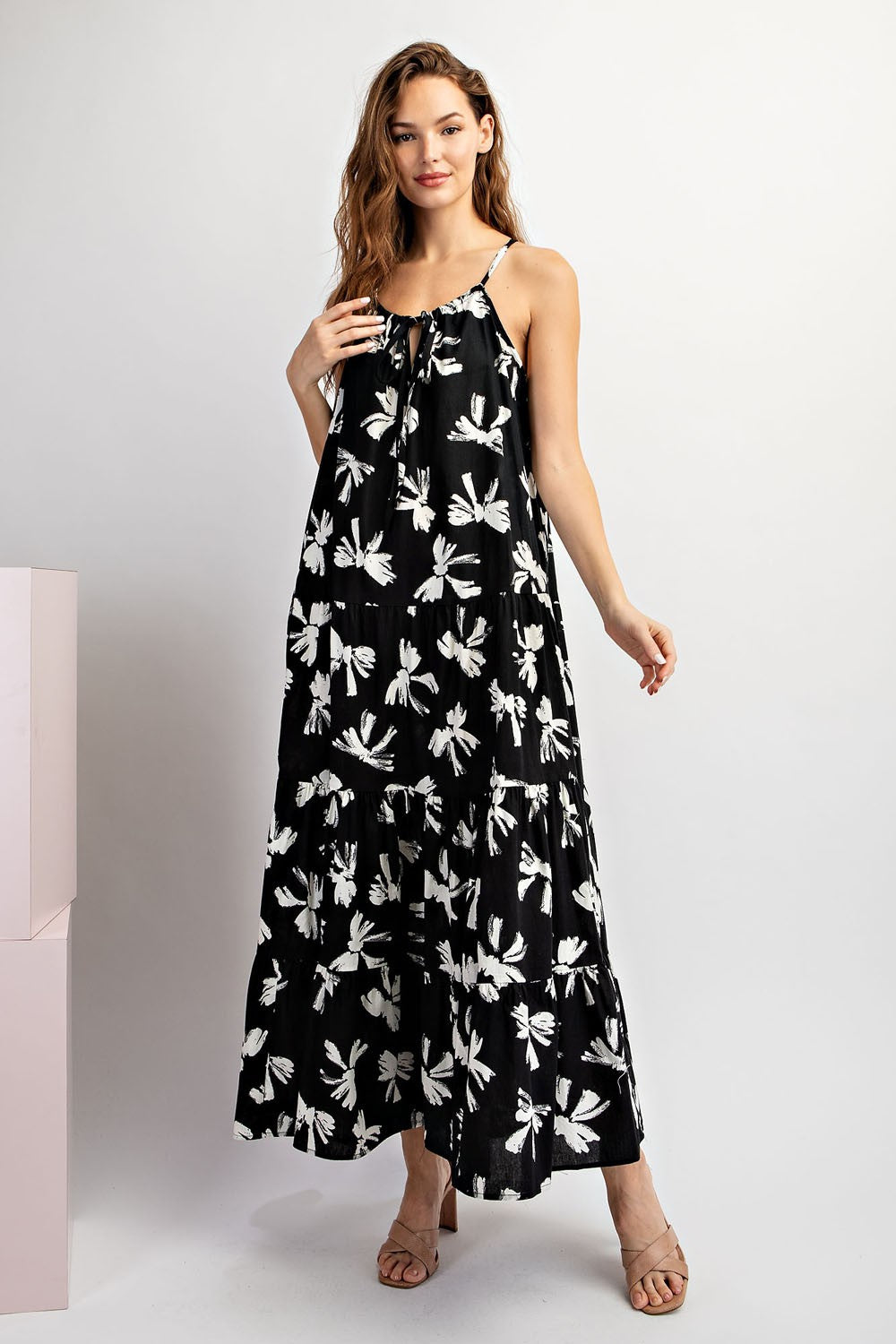 Black Bow Print Halter Front Tie Tiered Maternity Maxi Dress