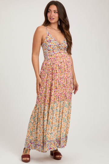 Multi-colored V-Neck Front Twist Maternity Maxi Dress