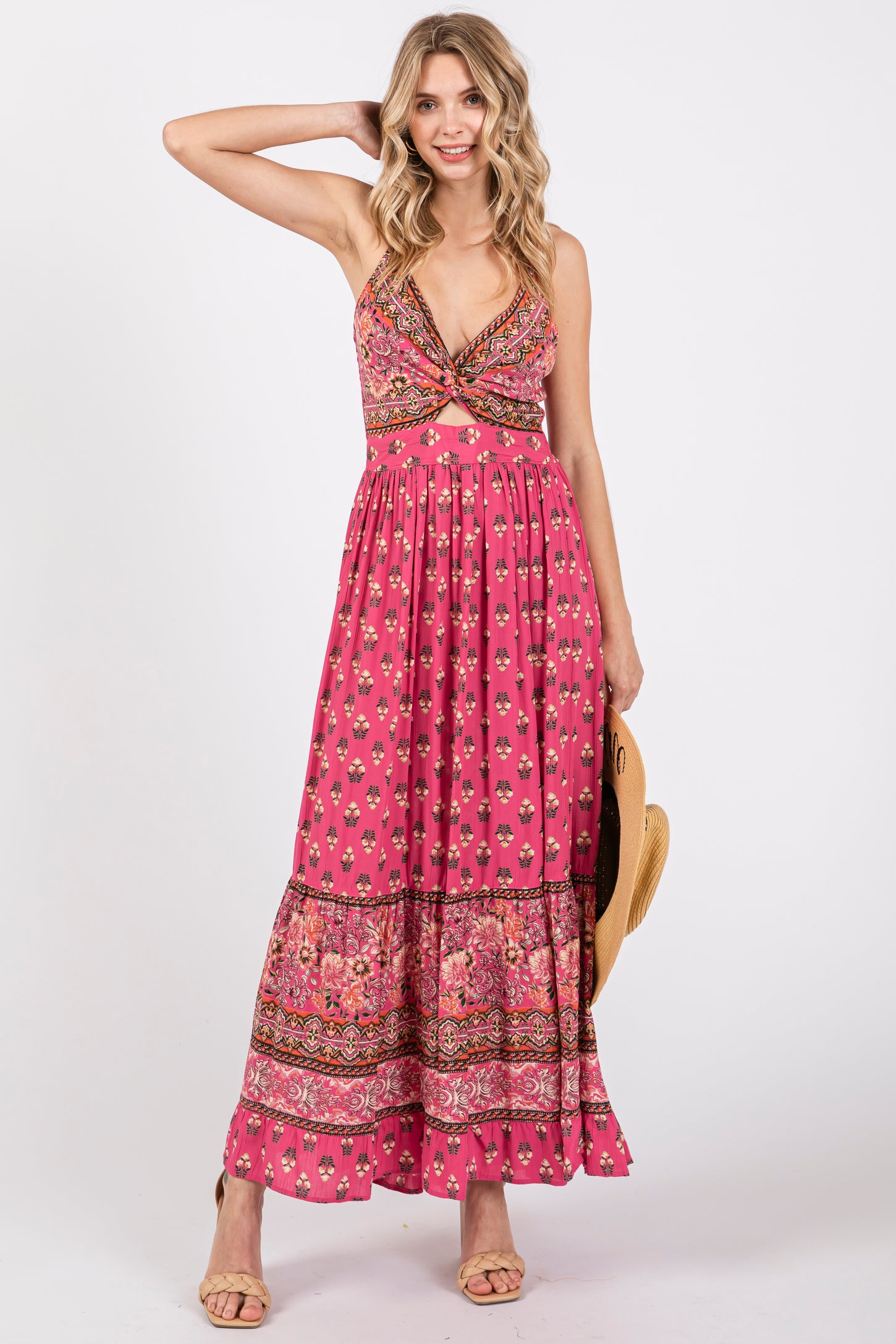 Fuchsia Floral Cutout Maxi Dress