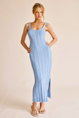 Light Blue Rib Knit Side Slit Maxi Dress
