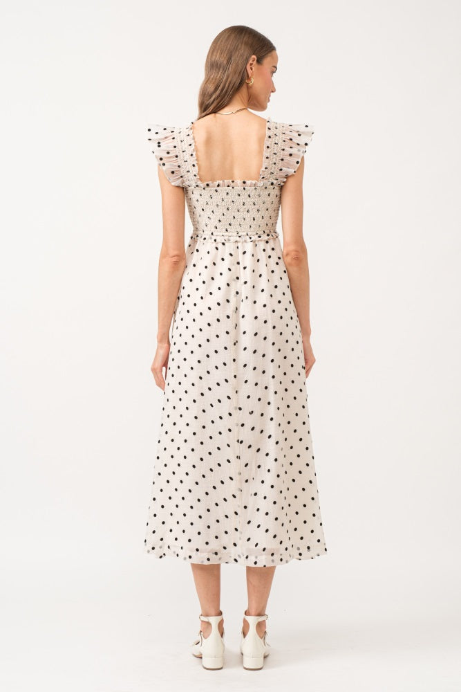 Ivory Polka Dot Smocked Midi Dress