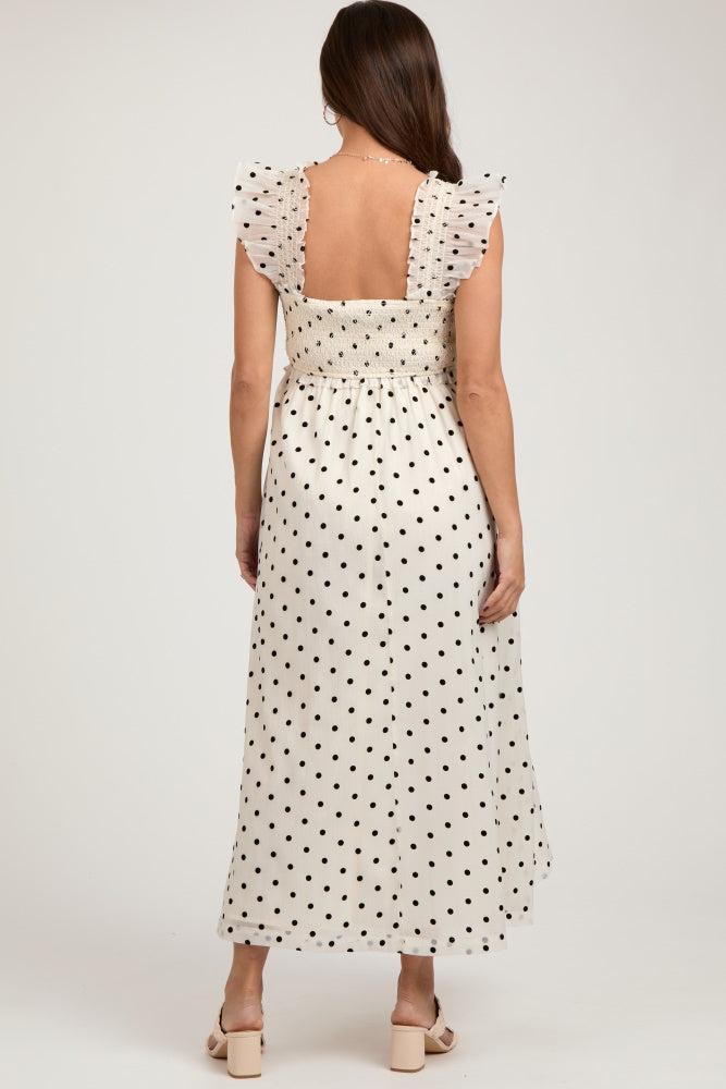 Ivory Polka Dot Smocked Maternity Midi Dress