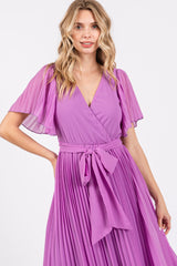 Lavender Chiffon Wrap Front V-Neck Short Sleeve Pleated Maxi Dress