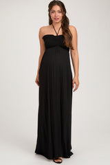 Black Smocked Halter Maternity Maxi Dress