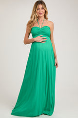 Green Smocked Halter Maternity Maxi Dress