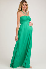 Green Smocked Halter Maternity Maxi Dress