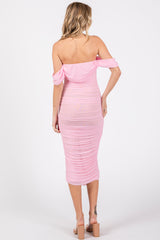 Light Pink Off Shoulder Sleeveless Ruched Mesh Midi Dress