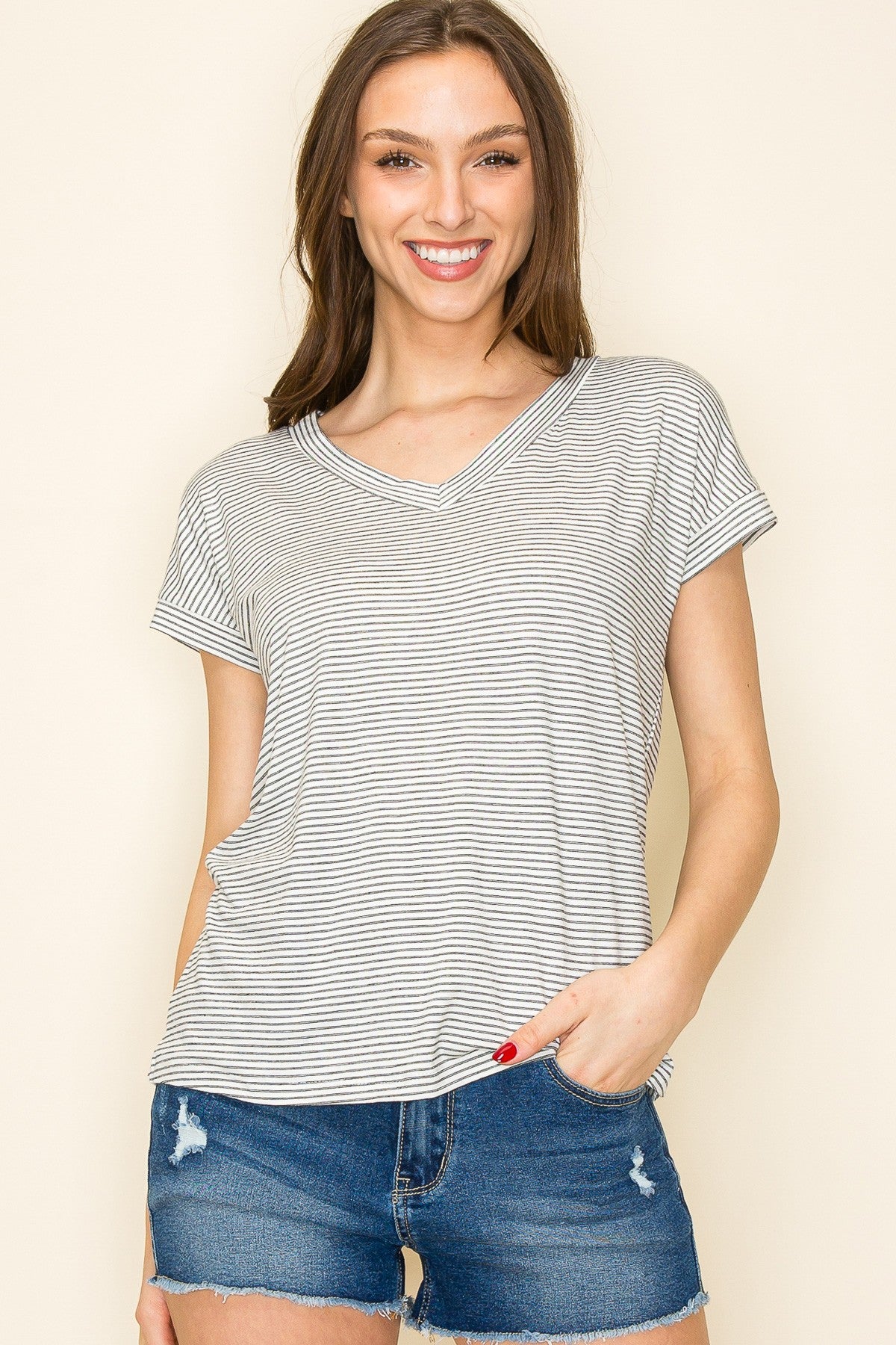 Black Striped V-Neck Maternity Short Sleeve Top