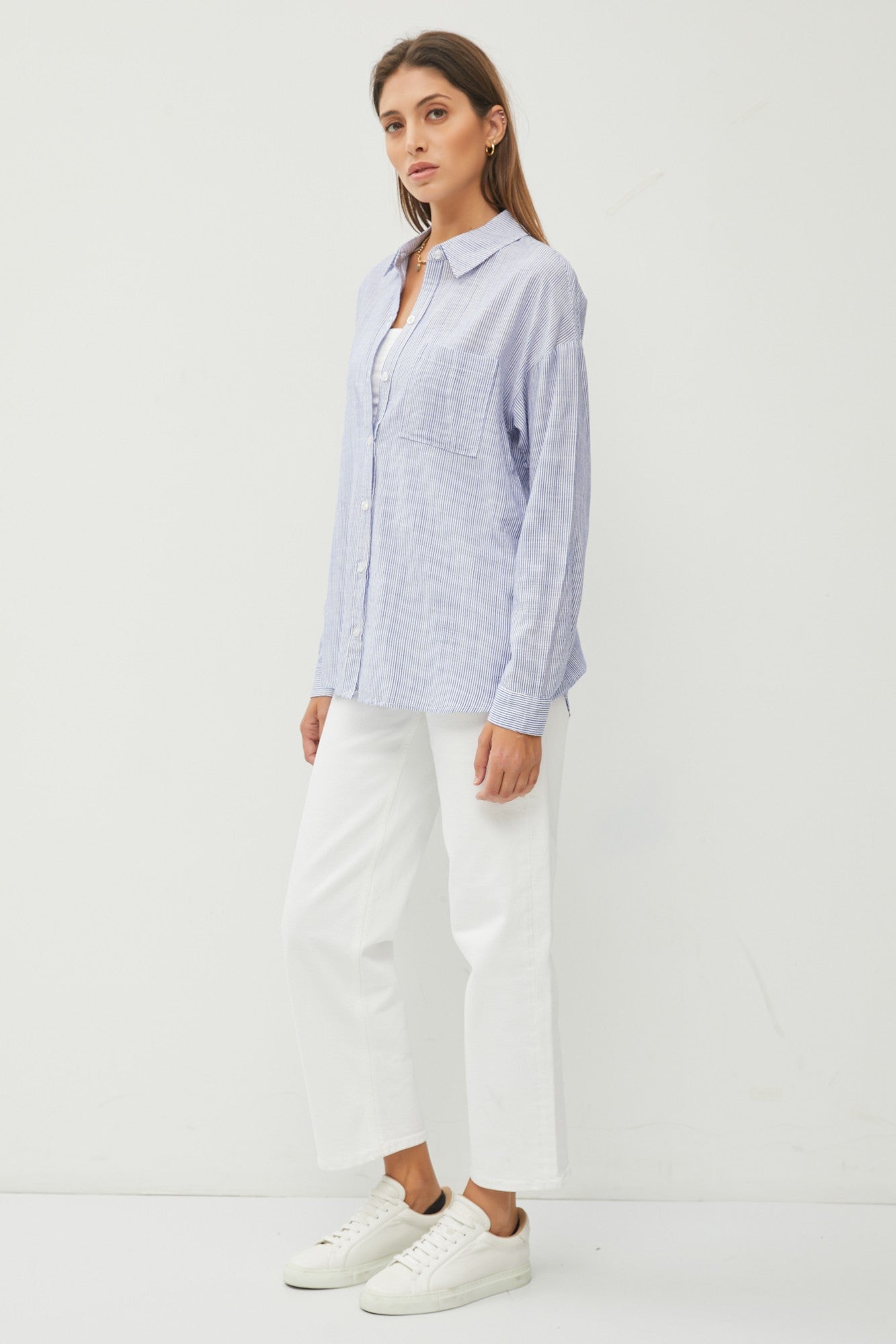 Blue Striped Basic Button Down Top