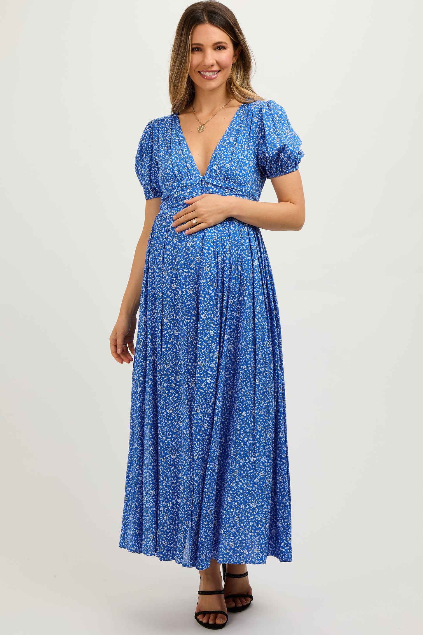 Blue Floral Button Down Front Slit Maternity Maxi Dress PinkBlush Blue Floral Button Down Front Slit Maternity Maxi Dress PinkBlush
