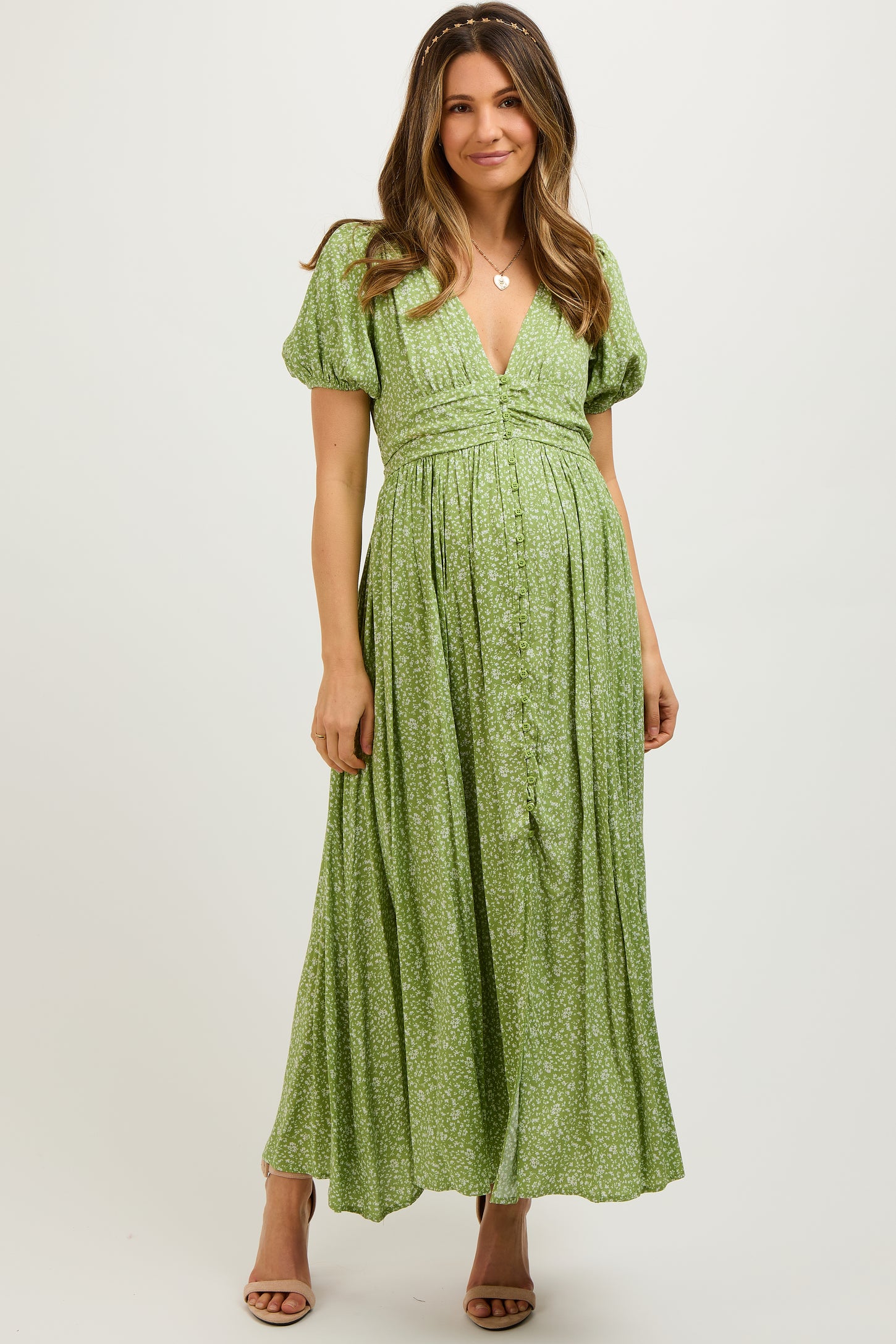 Sage Floral Button Down Front Slit Maternity Maxi Dress