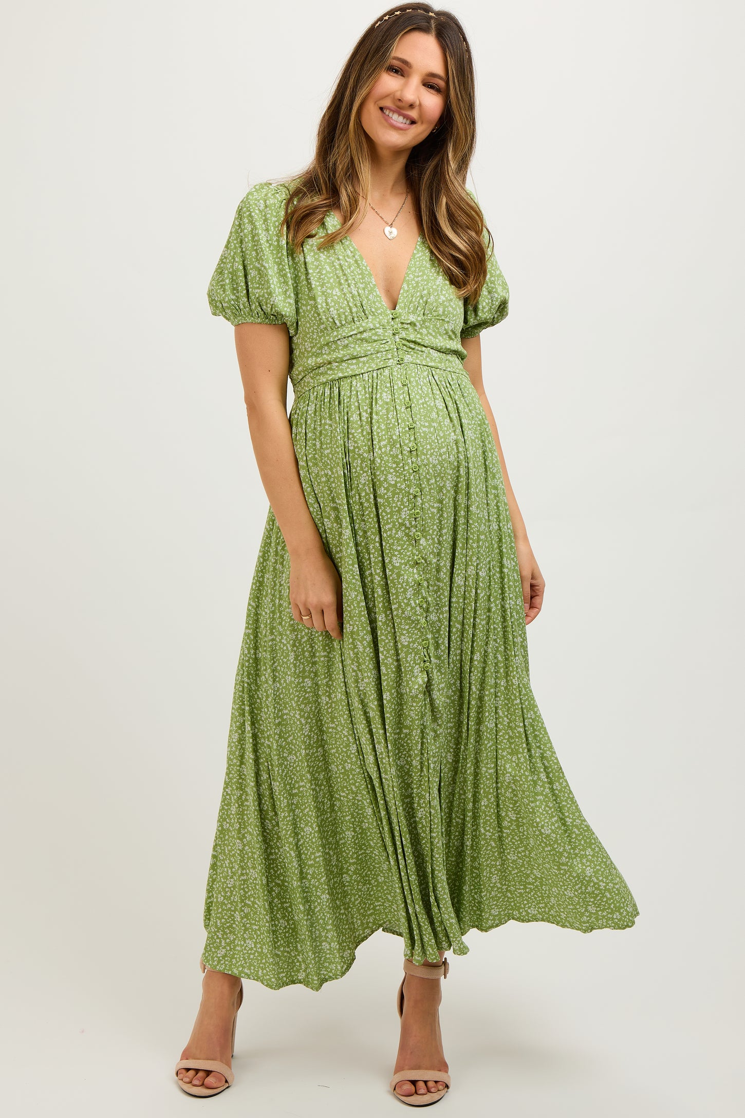 Sage Floral Button Down Front Slit Maternity Maxi Dress Sage Floral Button Down Front Slit Maternity Maxi Dress