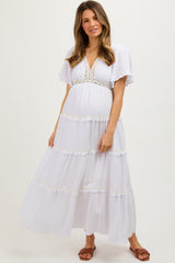 Ivory Crochet Lace Tiered Maternity Maxi Dress