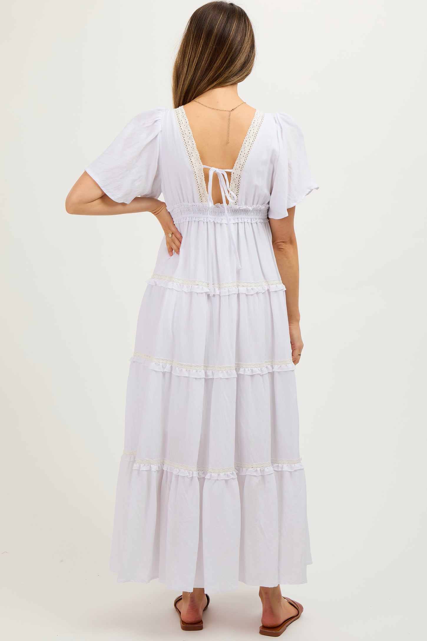 Ivory Crochet Lace Tiered Maternity Maxi Dress