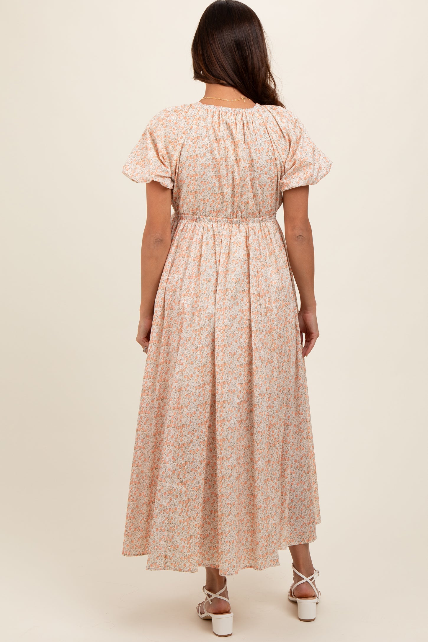 Peach Strawberry Floral Puff Sleeve Maternity Midi Dress PinkBlush Peach Strawberry Floral Puff Sleeve Maternity Midi Dress PinkBlush
