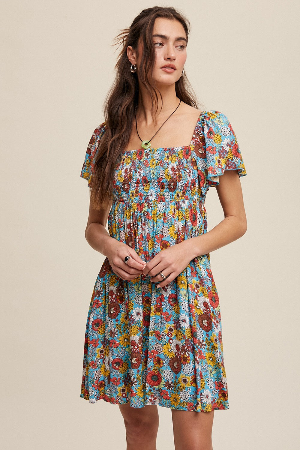 Light Blue Floral Smocked Flutter Sleeve Back Tie Dress