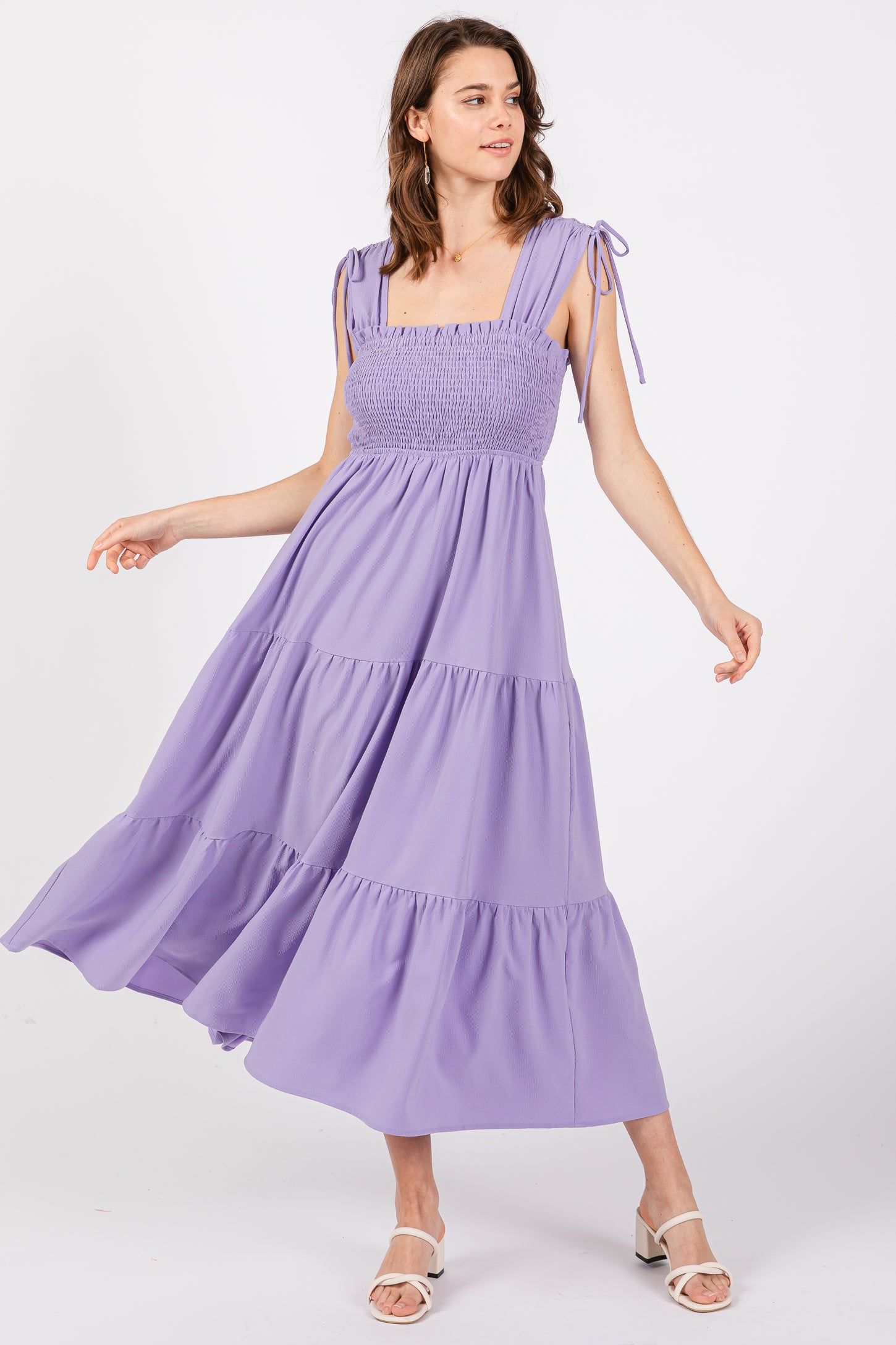 Lavender Smocked Sleeveless Drawstring Shoulder Tiered Midi Dress