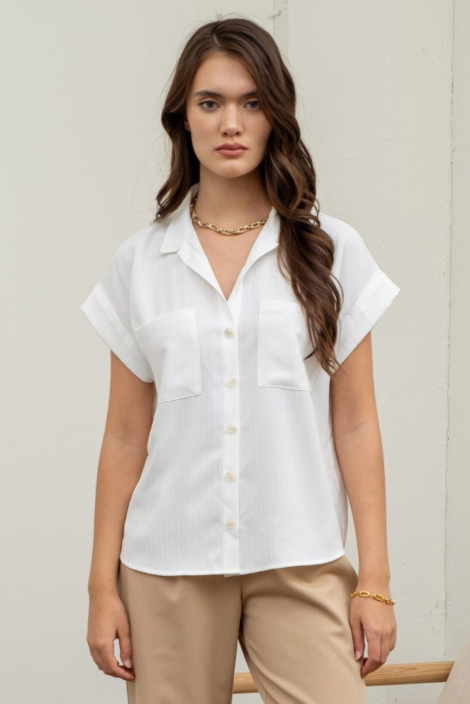 White Short Fold Sleeve Button Down Shirt