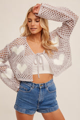 Lavender Heart Pattern Drop Shoulder Open Knit Cardigan