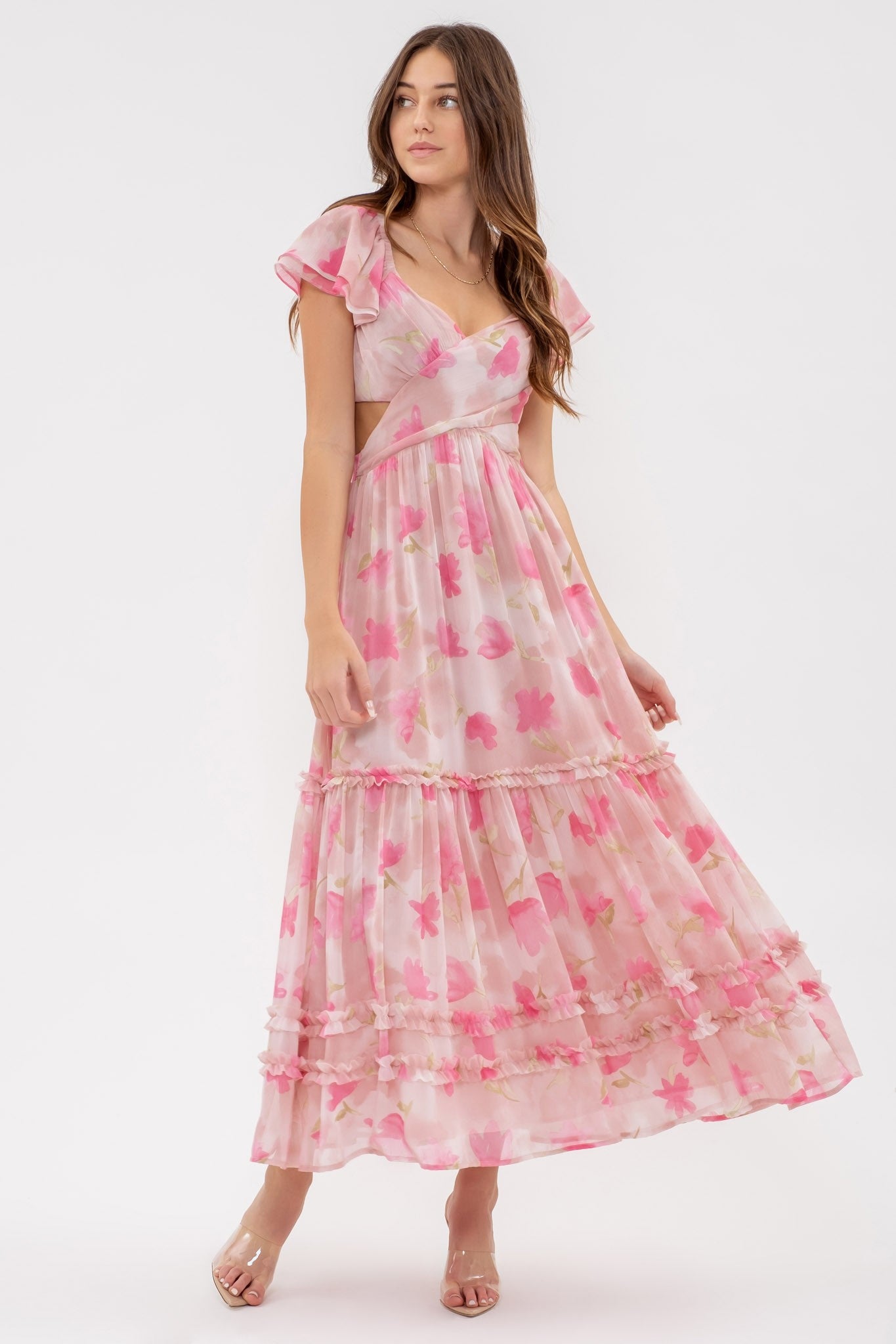 Dusty Rose Multi Floral Waist Cut Out Ruffle Midi Dress – PinkBlush