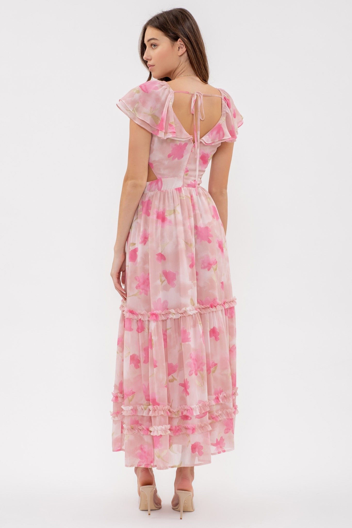 Dusty Rose Multi Floral Waist Cut Out Ruffle Midi Dress PinkBlush Dusty Rose Multi Floral Waist Cut Out Ruffle Midi Dress PinkBlush