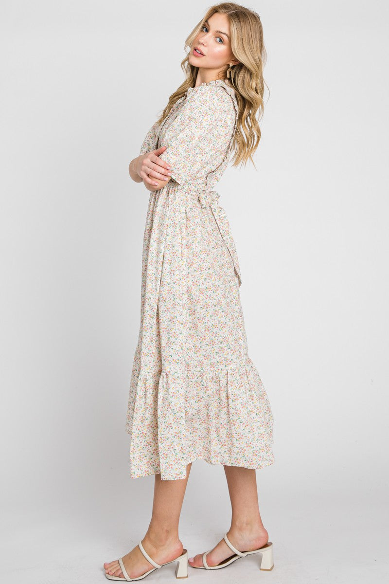 Off White Pink Floral Print Pintuck Dress