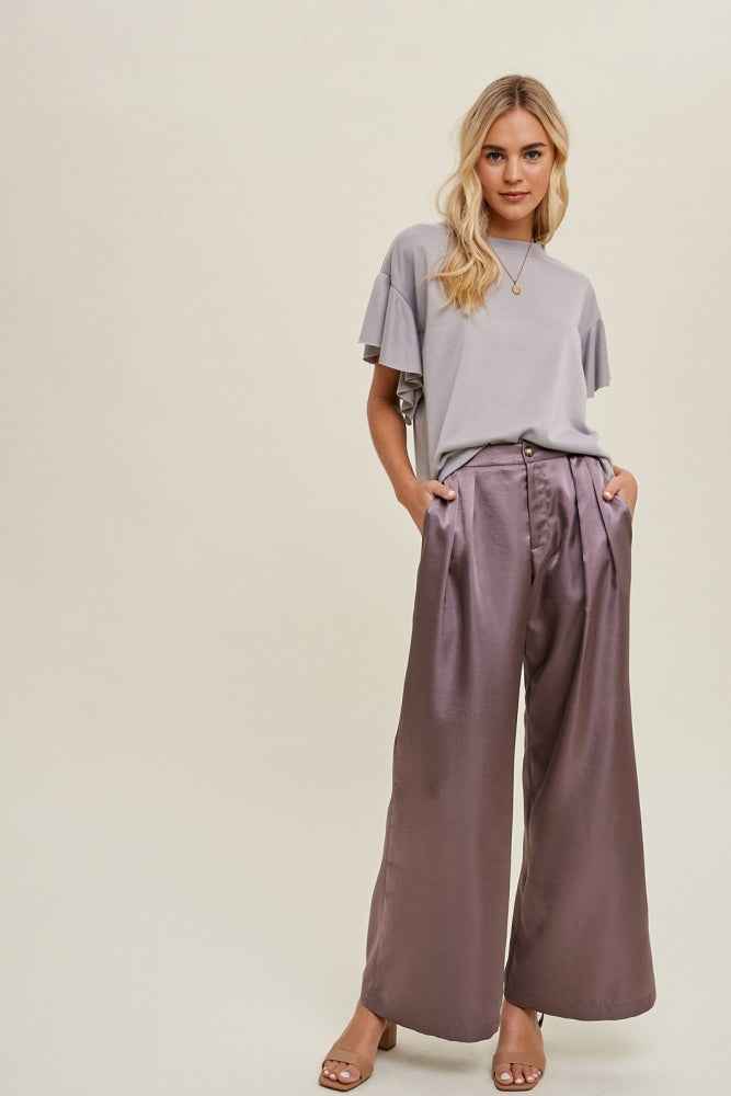 Purple Satin Wide-Leg Pants With Pleated Detail